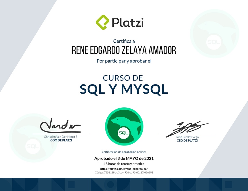 Diploma del Curso de SQL y MySQL 2018