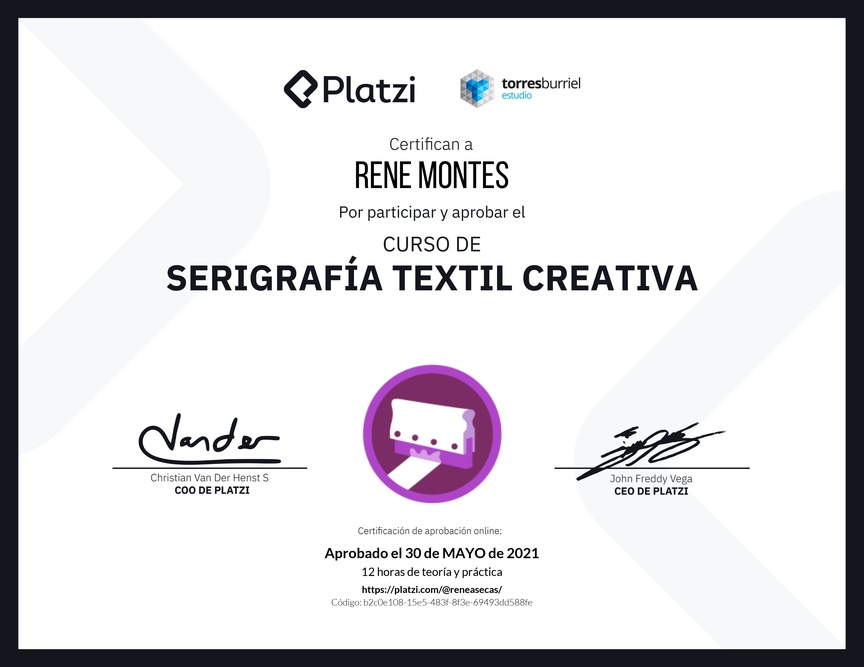 Diploma del Curso de Serigrafía Textil Creativa