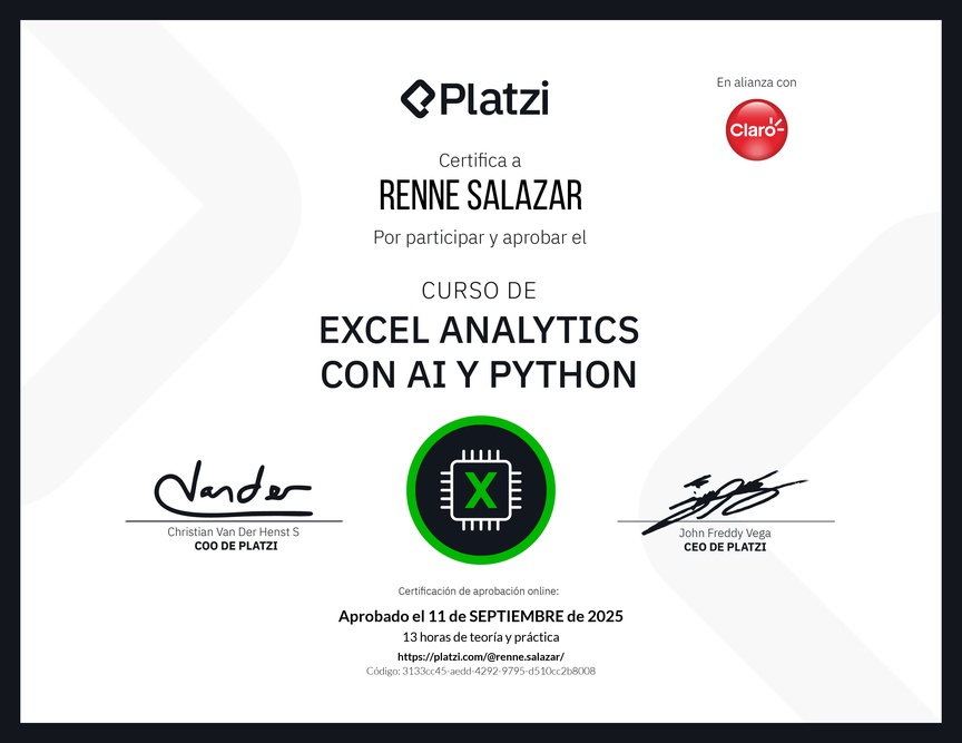 Diploma del Curso de Excel Analytics con AI y Python