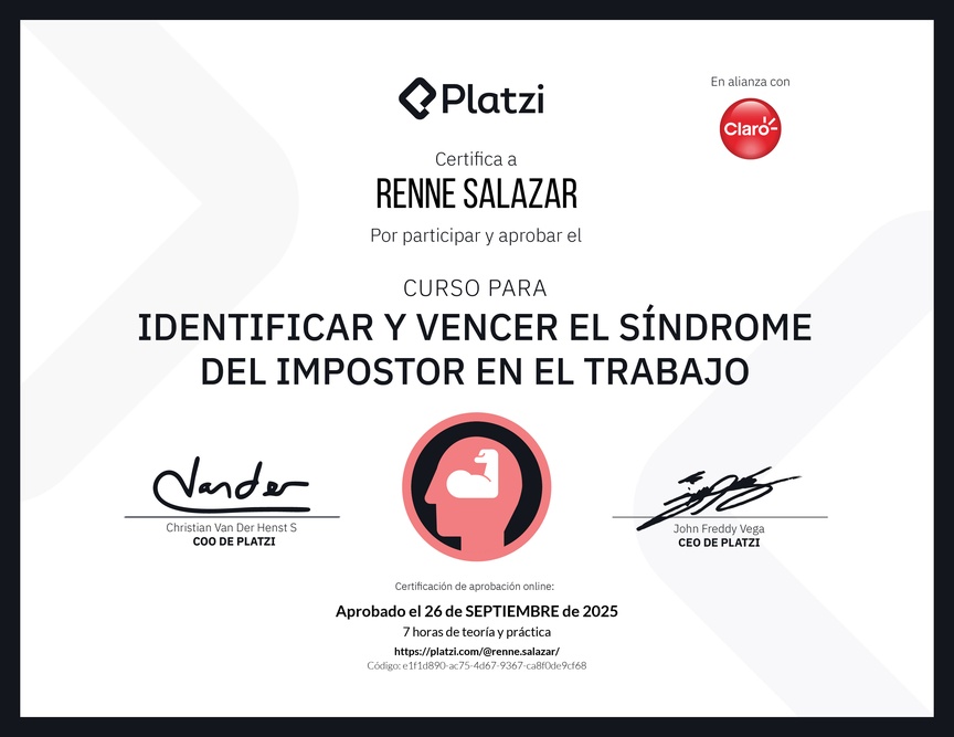 Diploma del Curso para Identificar y Vencer el Síndrome del Impostor