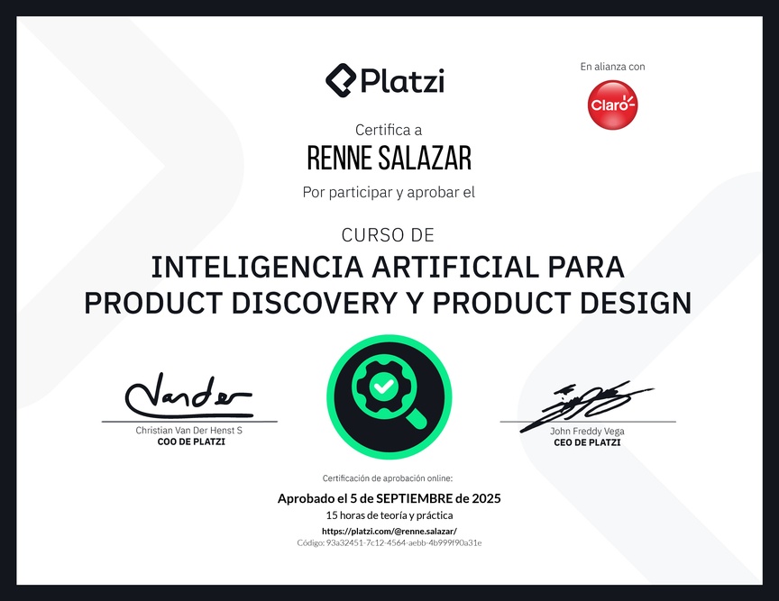 Diploma del Curso de Inteligencia Artificial para Product Discovery y Product Design: Herramientas y Técnicas