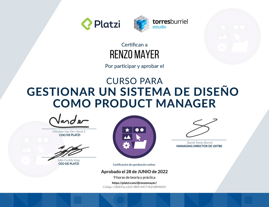 Diploma del Curso para Gestionar un Sistema de Diseño como Product Manager