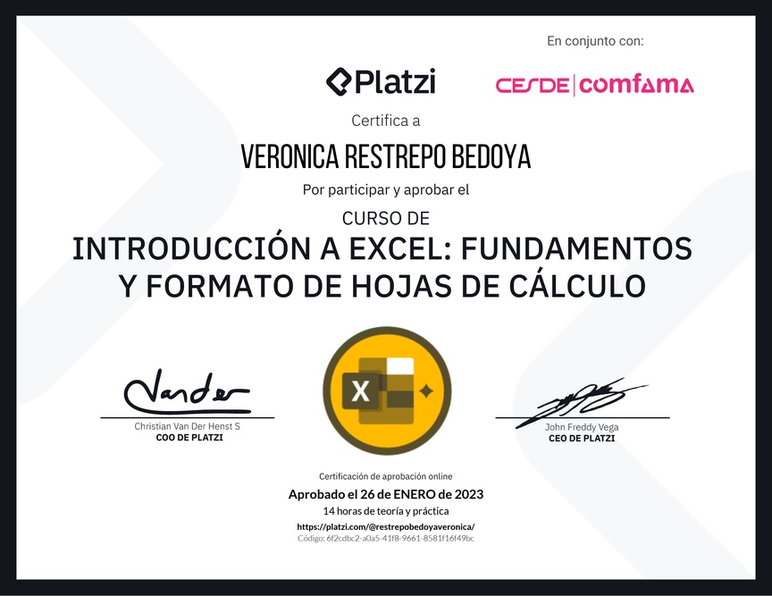 Diploma del Curso de Introducción a Excel para Principiantes: Fundamentos y Formato de Hojas de Cálculo