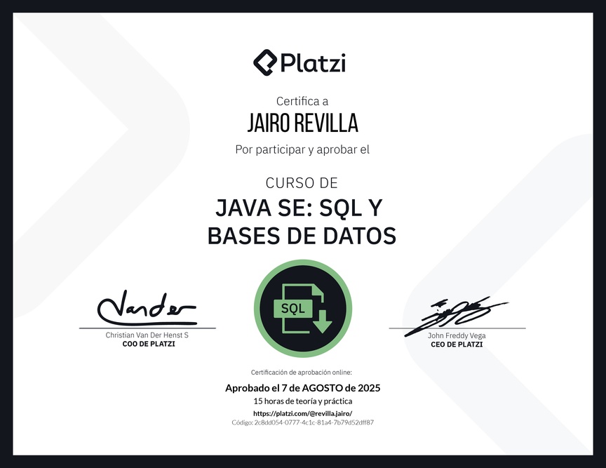 Diploma del Curso de Java SE: SQL y Bases de Datos