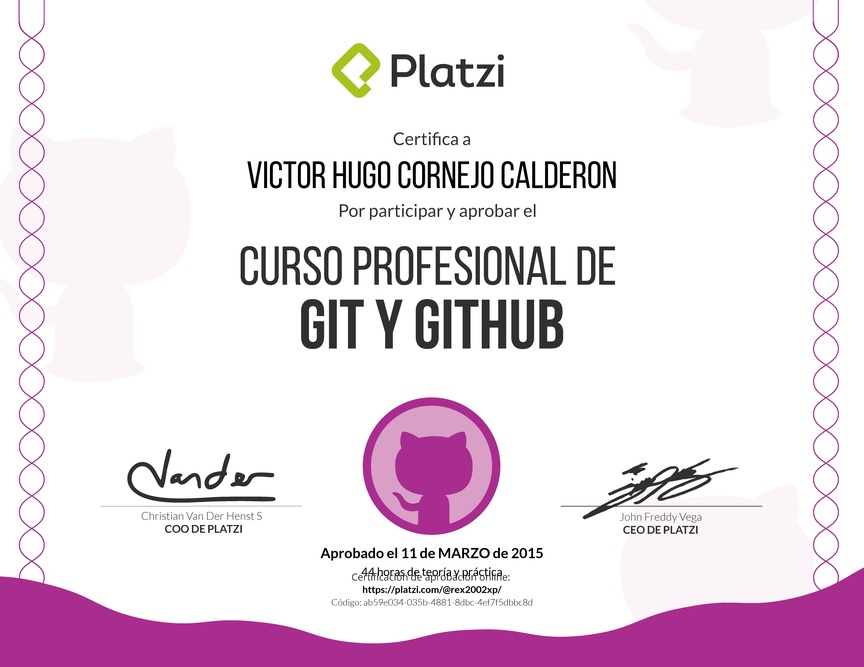 Diploma del Curso profesional de Git y GitHub 2016