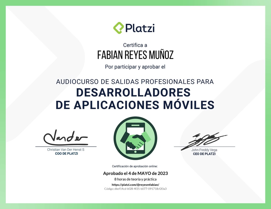 Diploma de Audiocurso de Salidas Profesionales para Desarrolladores de Aplicaciones Móviles 2022