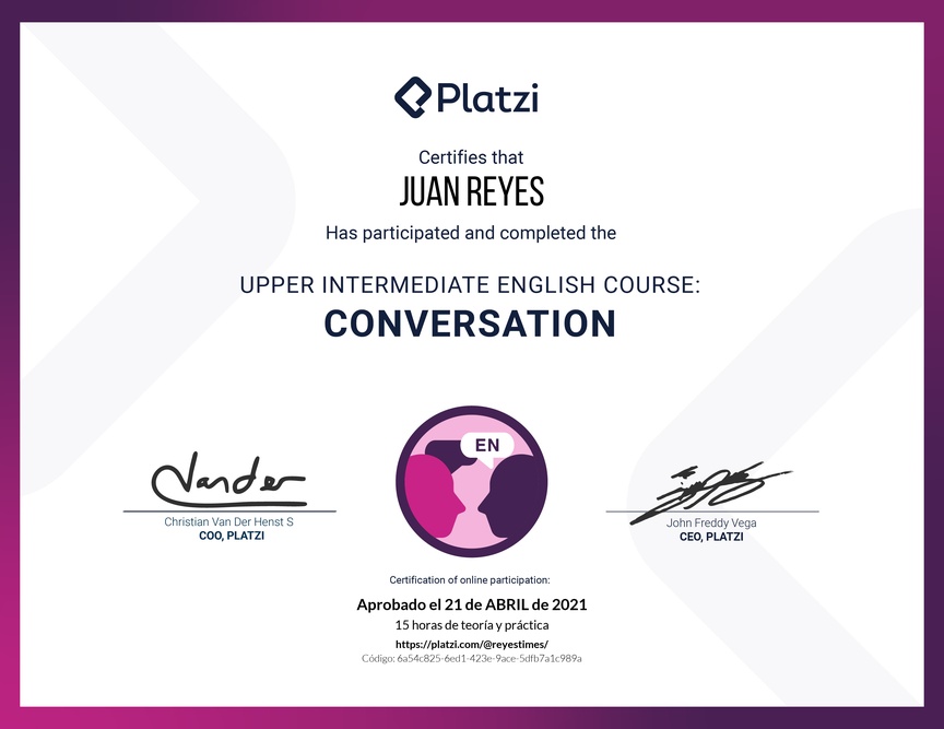 Diploma del Curso de Inglés Intermedio Alto: Conversación 2020