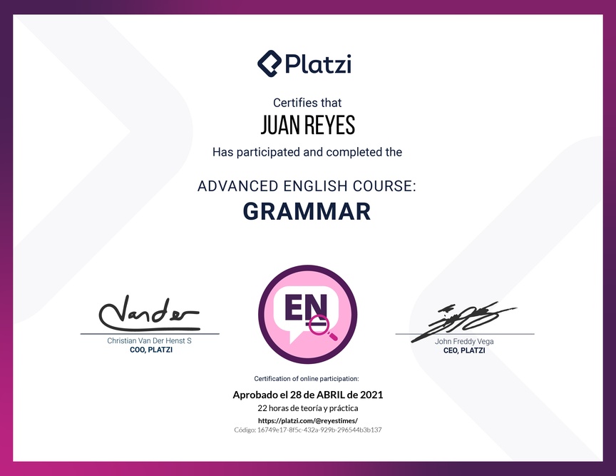 Diploma del Curso Avanzado de Gramática en Inglés (2020)