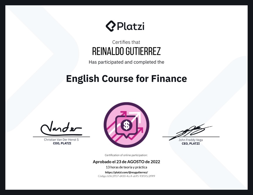 Diploma del Curso de Inglés para Finanzas (2020)