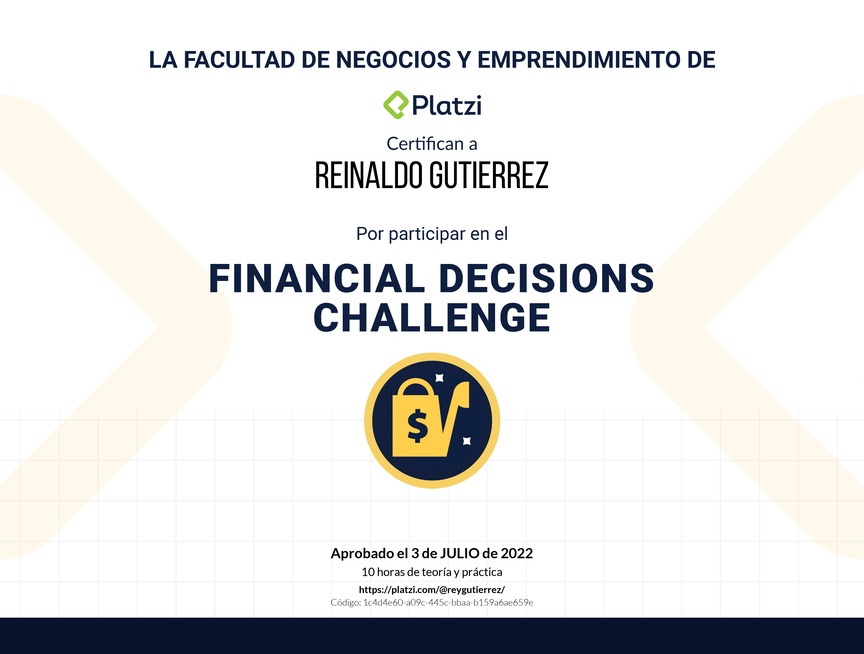Diploma de Financial Decisions Challenge by Platzi