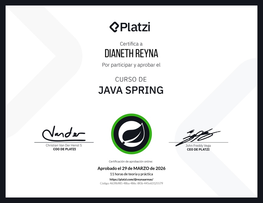Perfil de @reynaarmas en Platzi | Diploma del Curso de Java Spring Boot