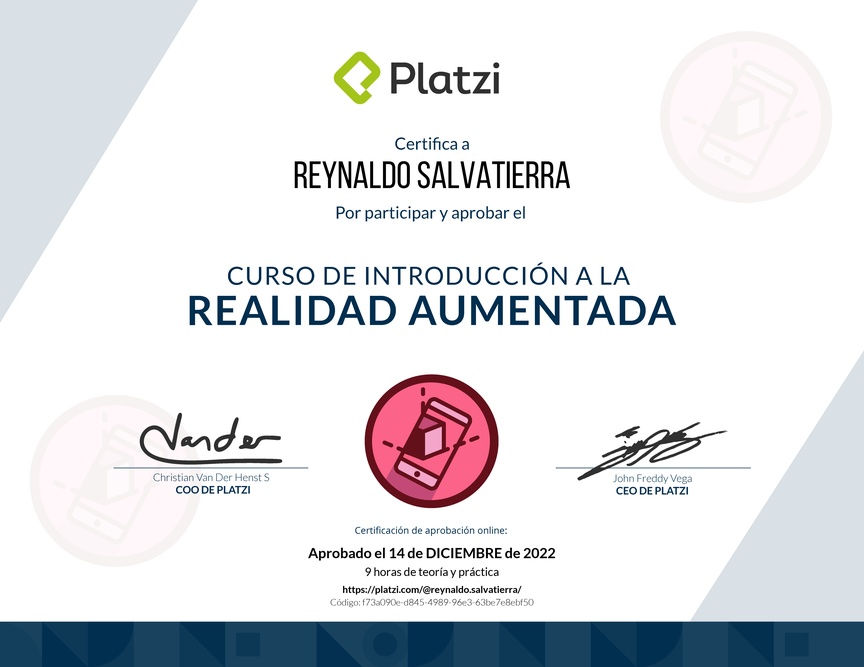 Diploma del Curso de Introducción a la Realidad Aumentada