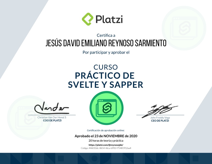 Diploma del Curso de Desarrollo Web con Svelte y Sapper