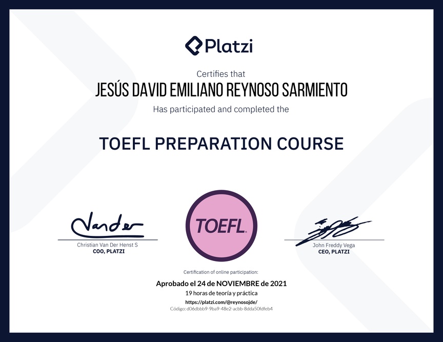 Diploma del Curso de Inglés para Preparación para TOEFL (2020)