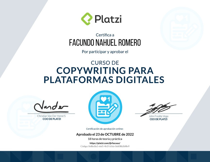 Diploma del Curso de Copywriting para Plataformas Digitales