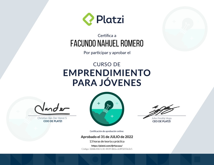 Diploma del Curso de Emprendimiento para Jóvenes