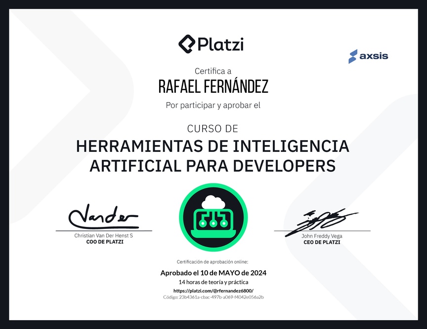 Diploma del Curso de Herramientas de Inteligencia Artificial para Developers (2023)