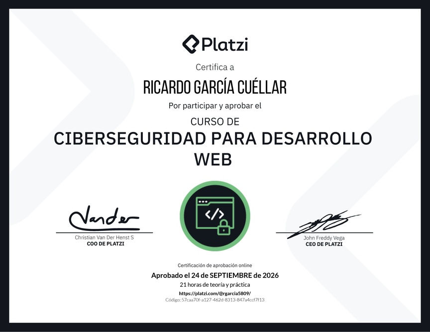 Diploma del Curso de Ciberseguridad para Desarrollo Web