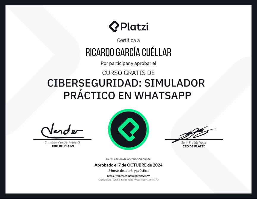 Diploma del Curso Gratis de Ciberseguridad: Simulador Práctico en WhatsApp