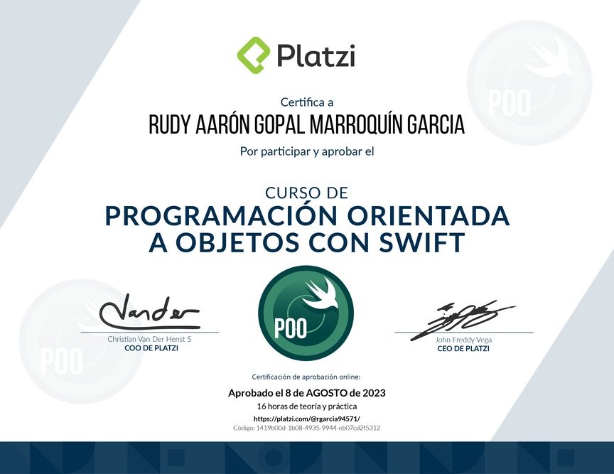 Diploma del Curso de Programación Orientada a Objetos en Swift