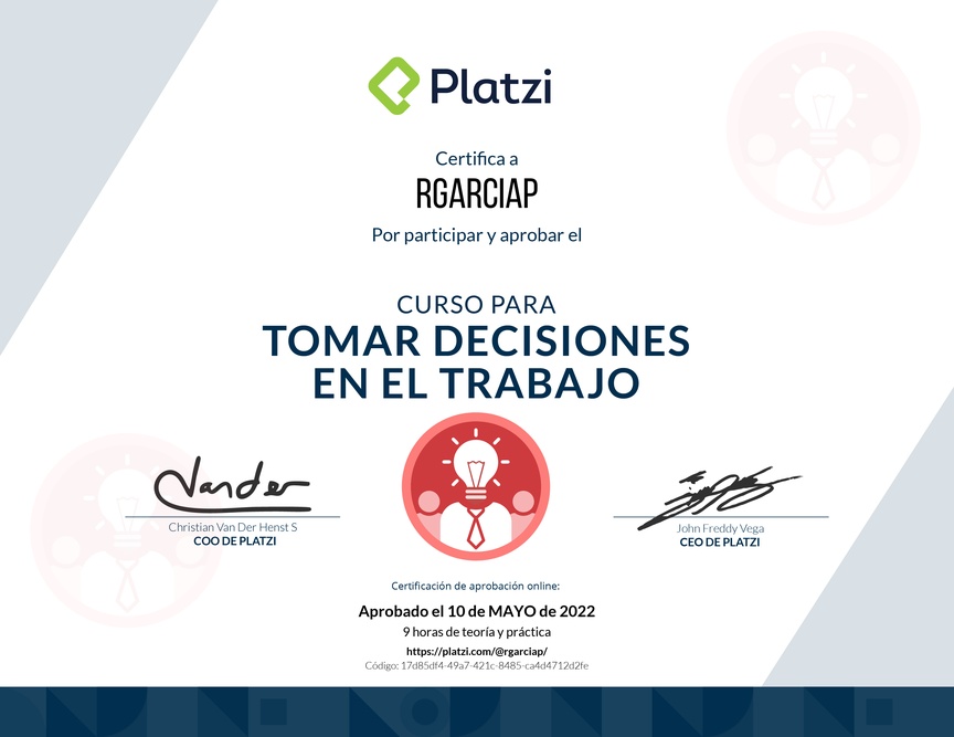 Diploma del Curso para Tomar Decisiones en el Trabajo