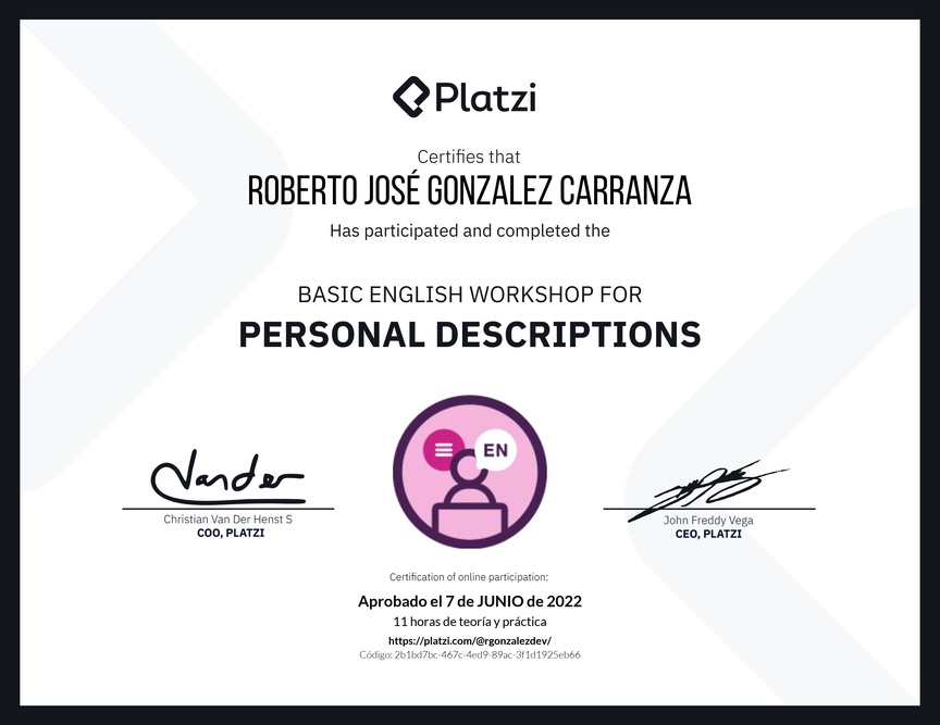 Diploma del Curso de Inglés Práctico para Descripciones Personales (2020=