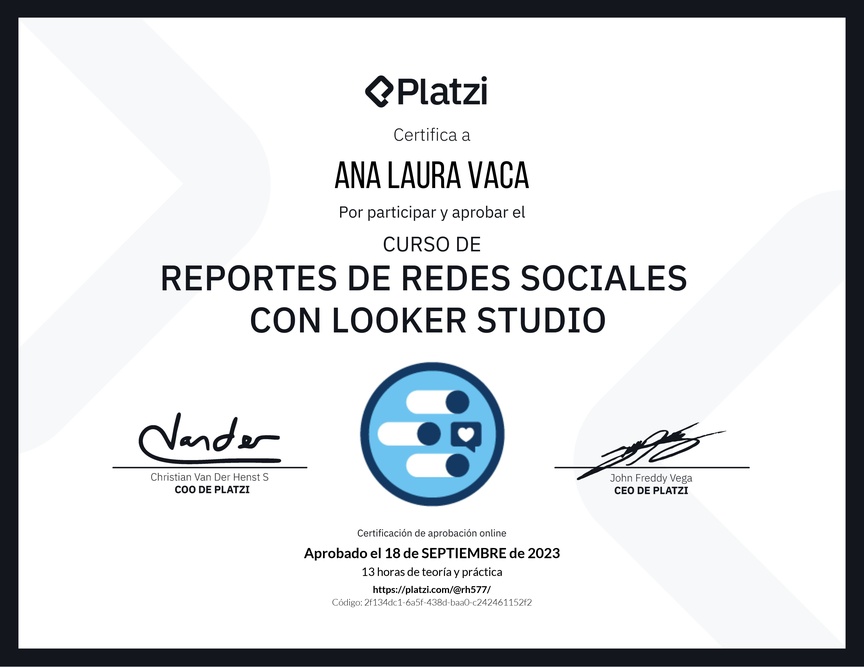 Diploma del Curso de Generación de Reportes de Redes Sociales con Looker Studio