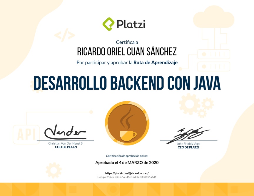Diploma de la Ruta de Aprendizaje de Desarrollo Backend con Java