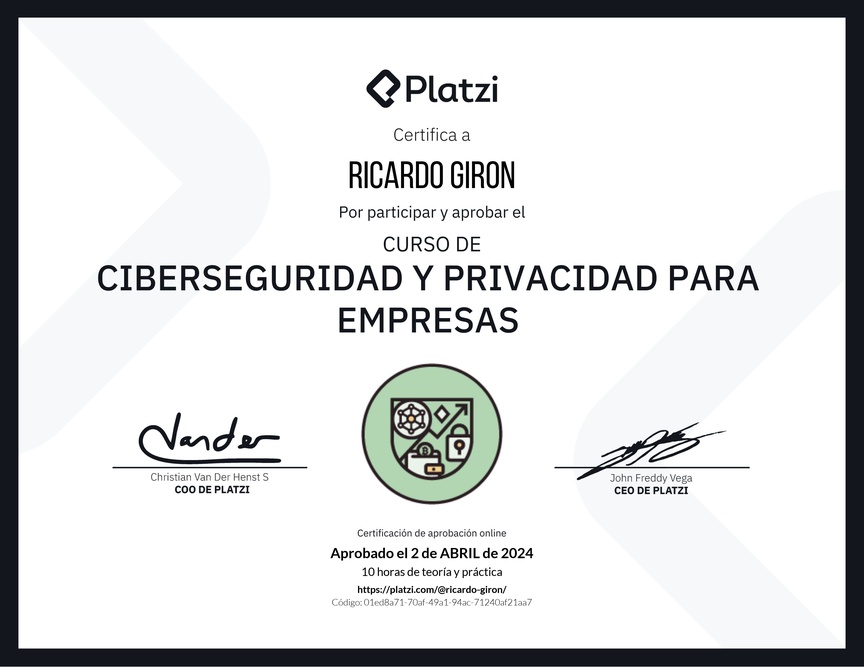 Diploma del Curso de Ciberseguridad y Privacidad Empresarial (2023)