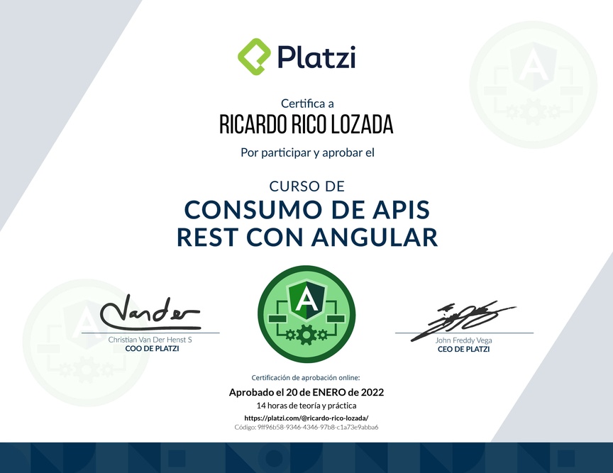 Diploma del Curso de Consumo de APIs REST con Angular