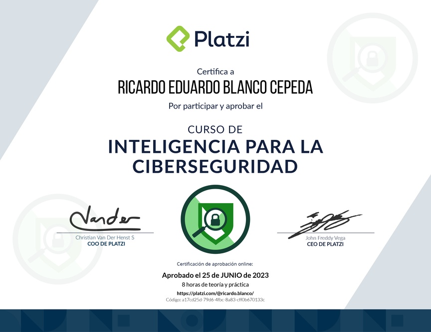 Diploma del Curso de Inteligencia para la Ciberseguridad