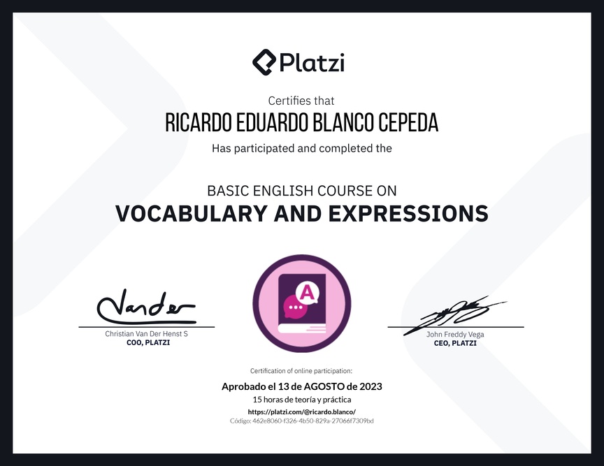 Diploma del Curso Básico de Vocabulario y Expresiones en Inglés