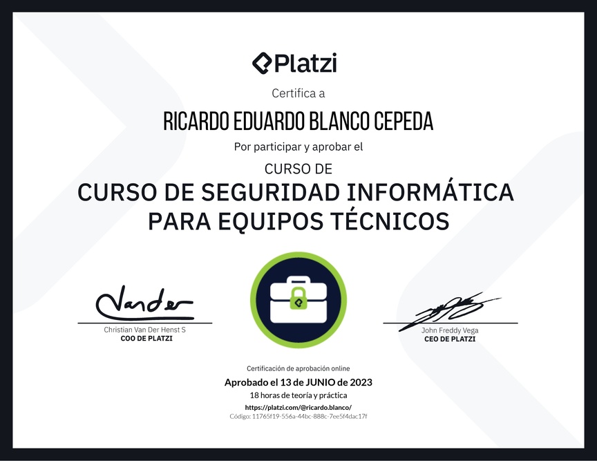 Diploma del Curso de Seguridad Informática para Equipos Técnicos