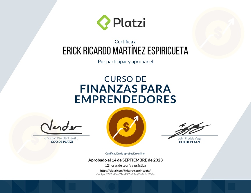 Diploma del Curso de Finanzas para Emprendedores