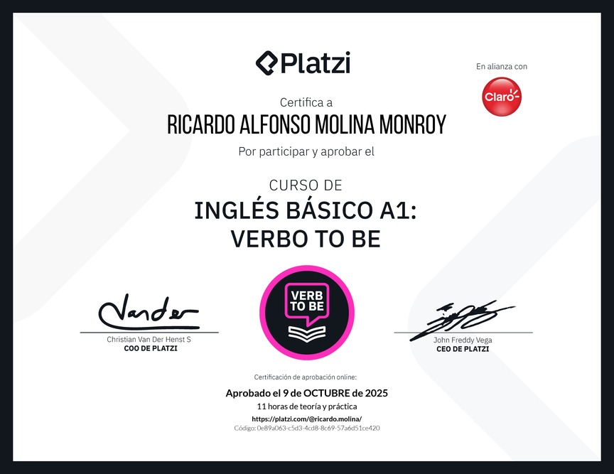 Diploma del Curso de Inglés Básico A1: Verbo To Be
