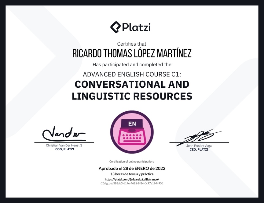 Diploma del Curso de Inglés Avanzado C1: Recursos Conversacionales y Lingüísticos