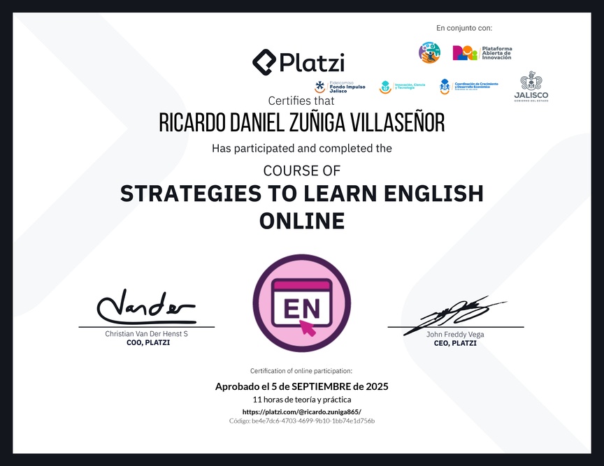 Diploma del Curso Gratis de Estrategias para Aprender Inglés en Línea
