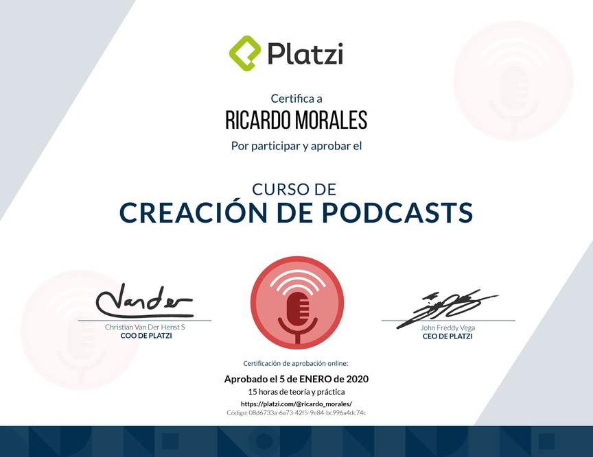 Diploma del Curso de Creación de Podcasts 2018