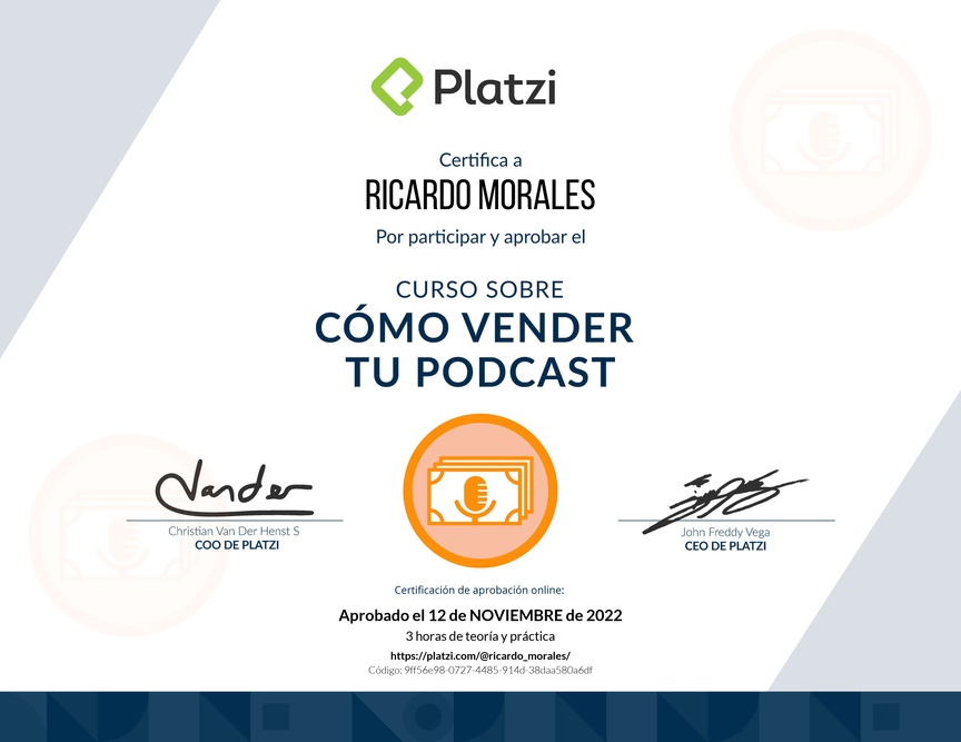 Diploma del Curso sobre Cómo Vender tu Podcast