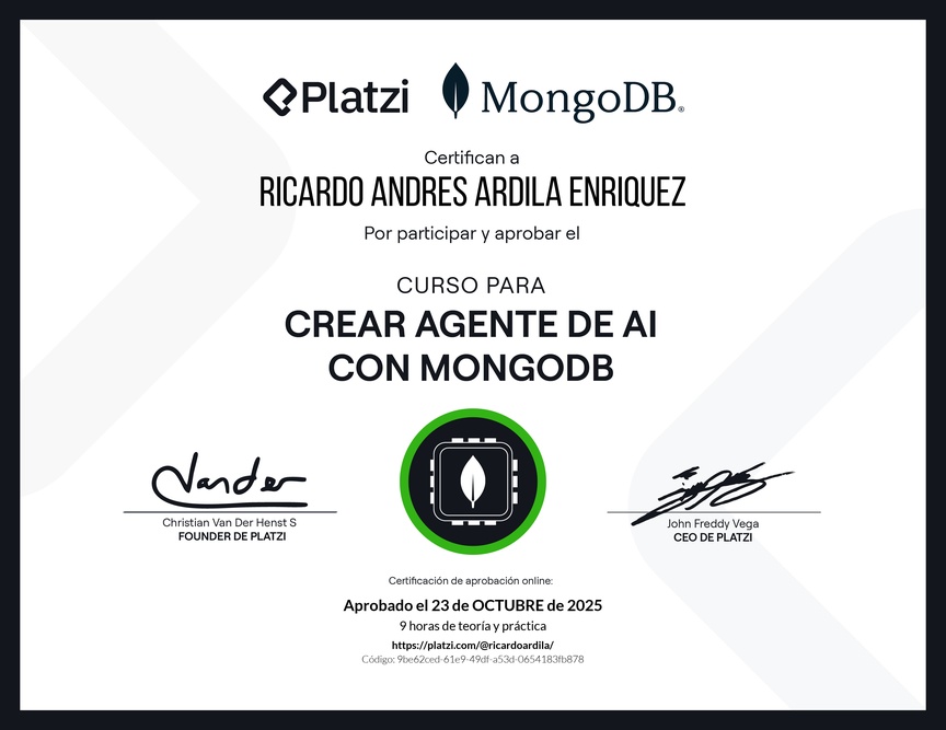 Diploma del Curso para Crear Agentes de AI con MongoDB