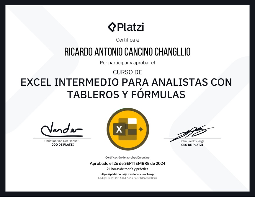 Diploma del Curso de Excel Intermedio para Analistas con Tableros y Fórmulas