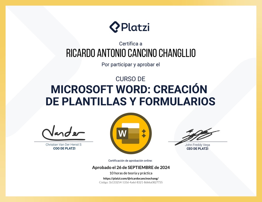 Diploma del Curso de Microsoft Word: Diseño de Plantillas y Creación de Formularios