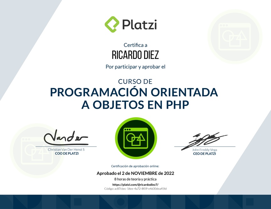 Diploma del Curso de Programación Orientada a Objetos en PHP