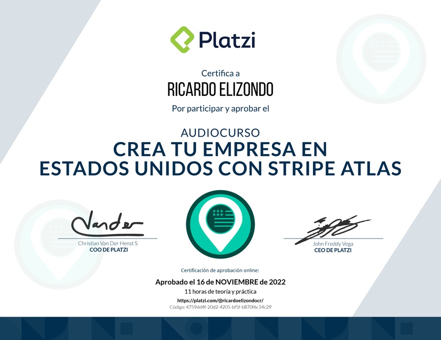 Diploma de Audiocurso de Cómo Crear tu Empresa en Estados Unidos con Stripe Atlas