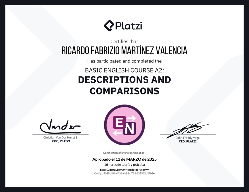 Diploma del Curso de Inglés Básico A2: Descripciones y Comparaciones