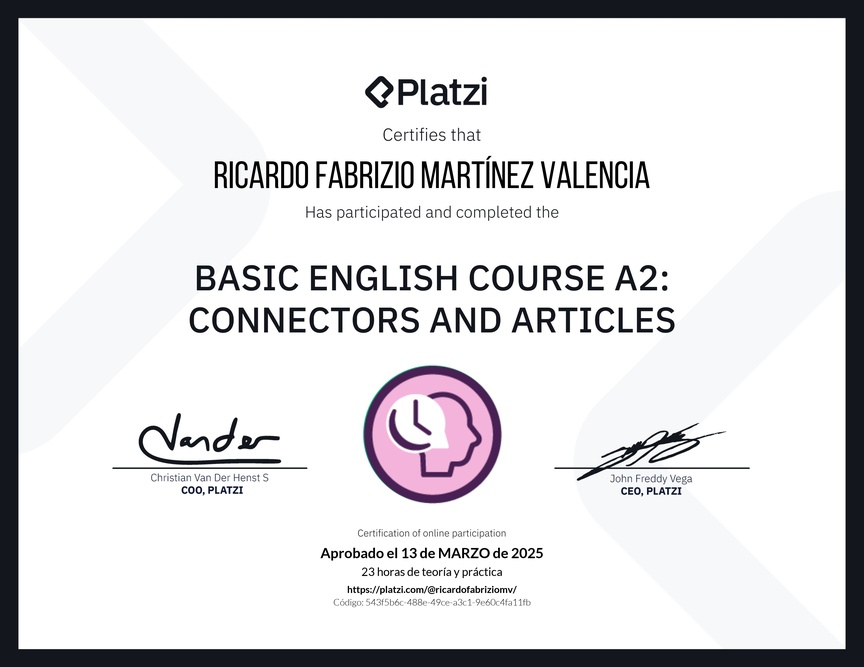 Diploma del Curso de Inglés Básico A2: Conectores y Artículos