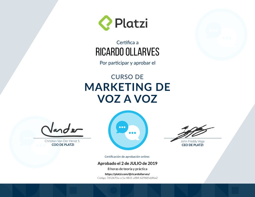 Diploma del Curso Gratis de Marketing Voz a Voz 2016