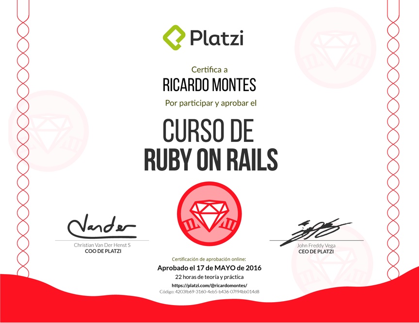Diploma del Curso de Ruby on Rails 2017