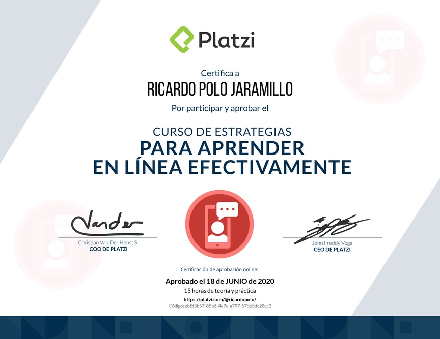 Diploma del Curso de Estrategias para Aprender en Línea Efectivamente 2019