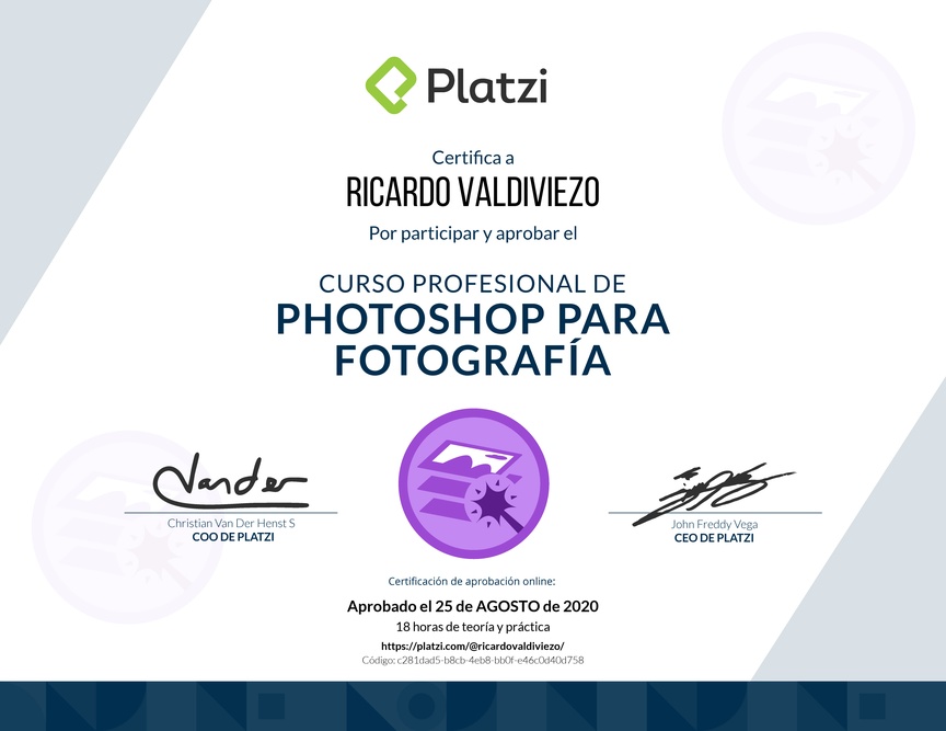 Diploma del Curso de edición de fotografías con Photoshop